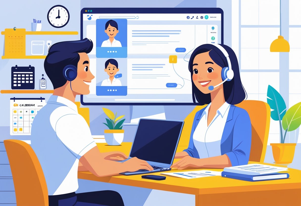 A businessperson video calling a smiling virtual assistant from the Philippines on a laptop in a home office setting.