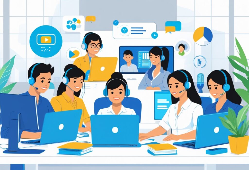 A group of Filipino virtual assistants working together in a modern office with laptops and headsets, showing collaboration and productivity.